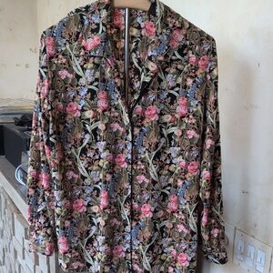 Vintage Floral Button Down Shirt - Black, Pink, Green Roses And Vines